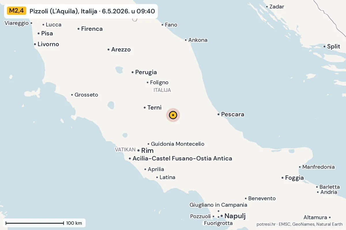 Karta: šire područje, 600 km, potres M2,4, Pizzoli (L'Aquila), Italija, 6.5.2026.