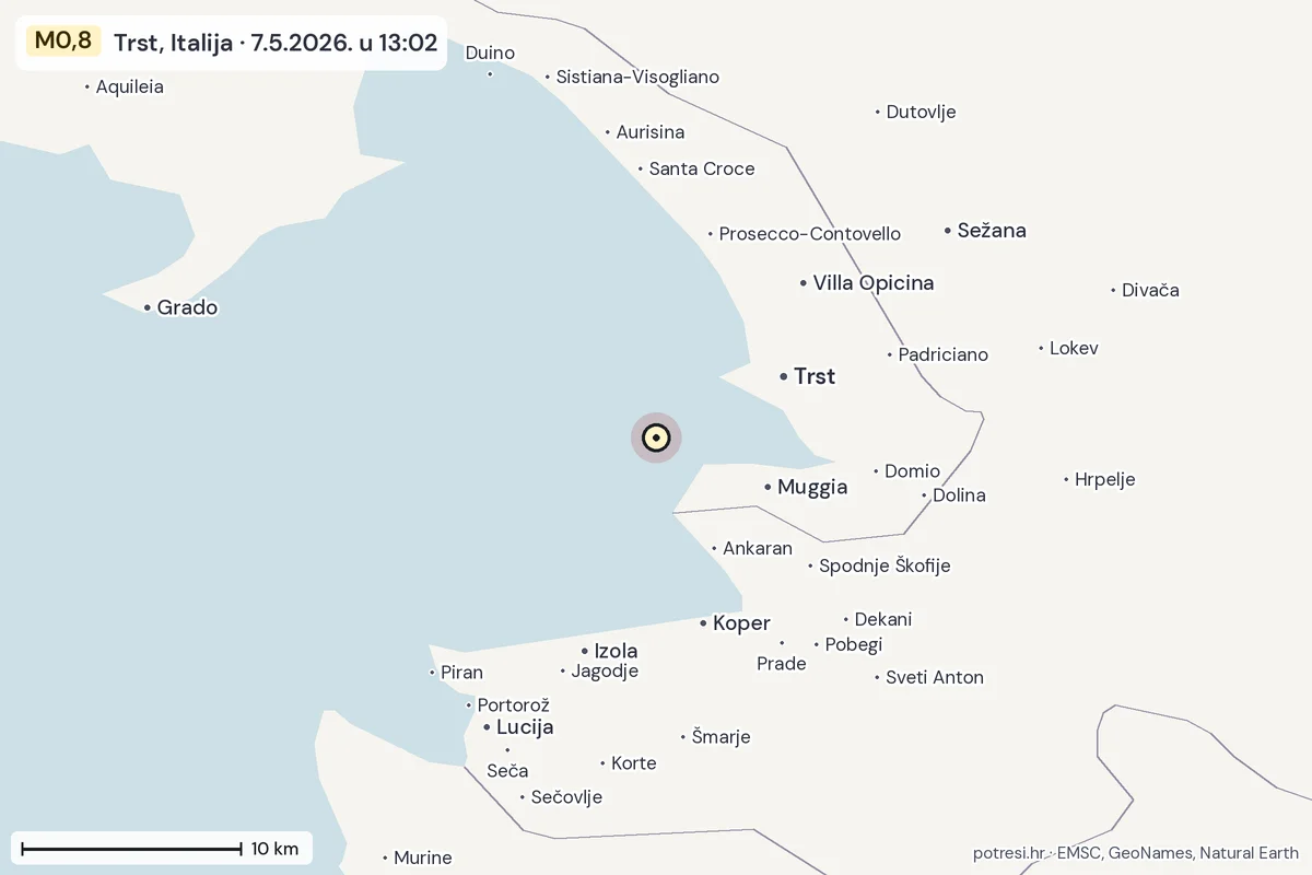 Karta: okolica epicentra, 60 km, potres M0,8, Trst, Italija, 7.5.2026.