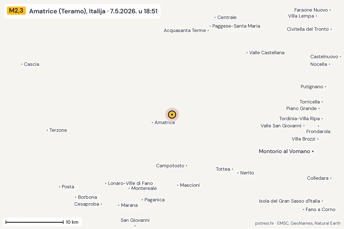 Karta: okolica epicentra, 60 km, potres M2,3, Amatrice (Teramo), Italija, 7.5.2026.