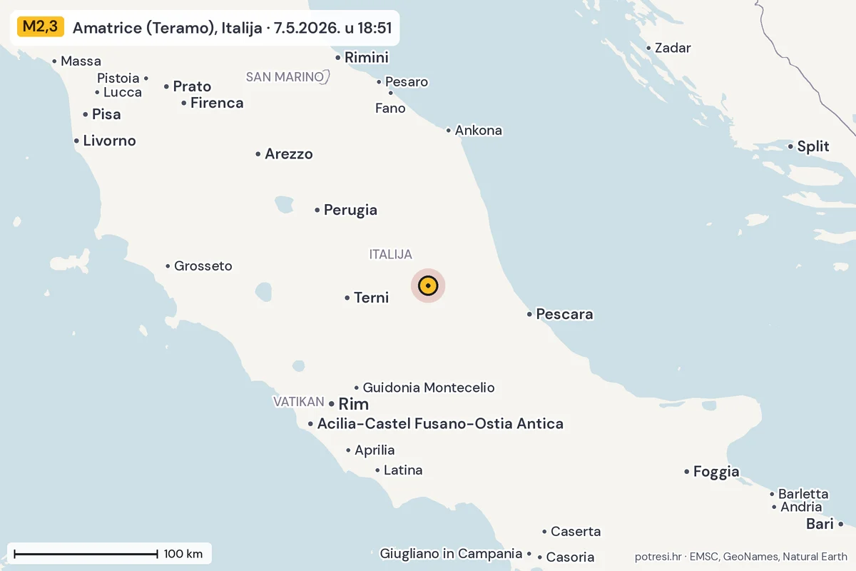 Karta: šire područje, 600 km, potres M2,3, Amatrice (Teramo), Italija, 7.5.2026.