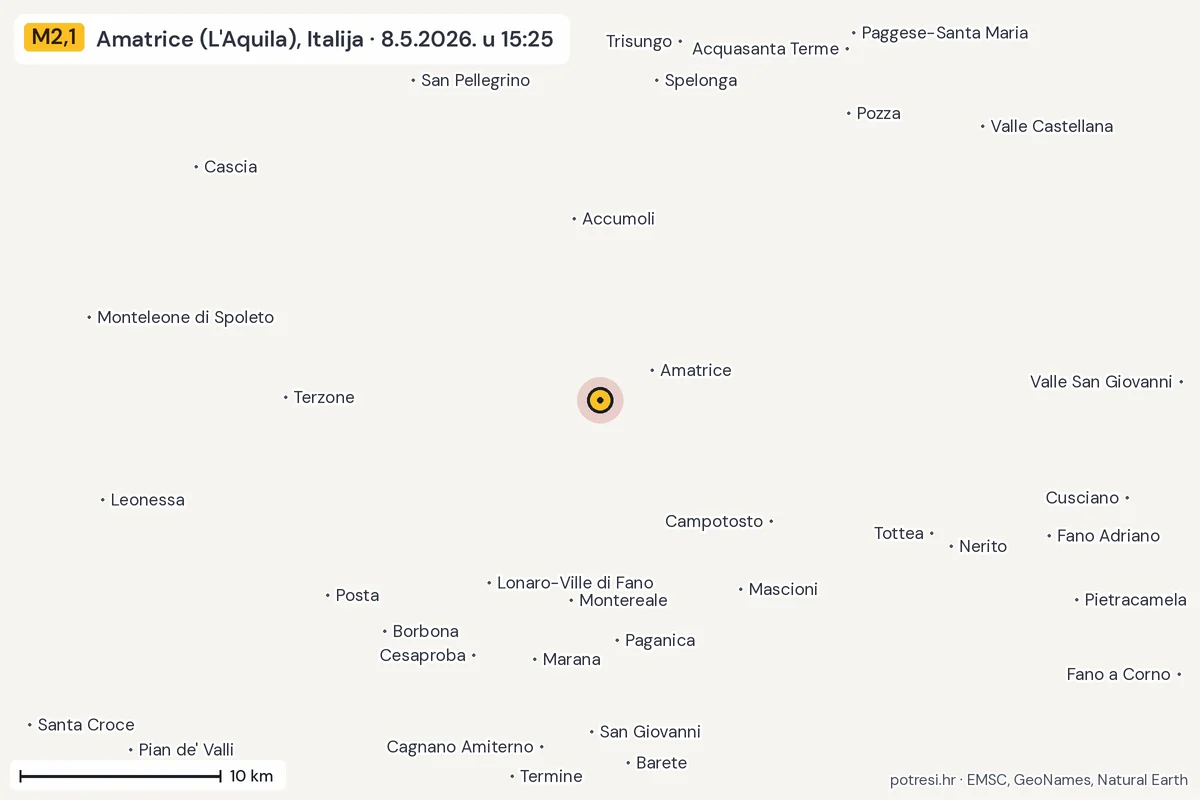 Karta: okolica epicentra, 60 km, potres M2,1, Amatrice (L'Aquila), Italija, 8.5.2026.