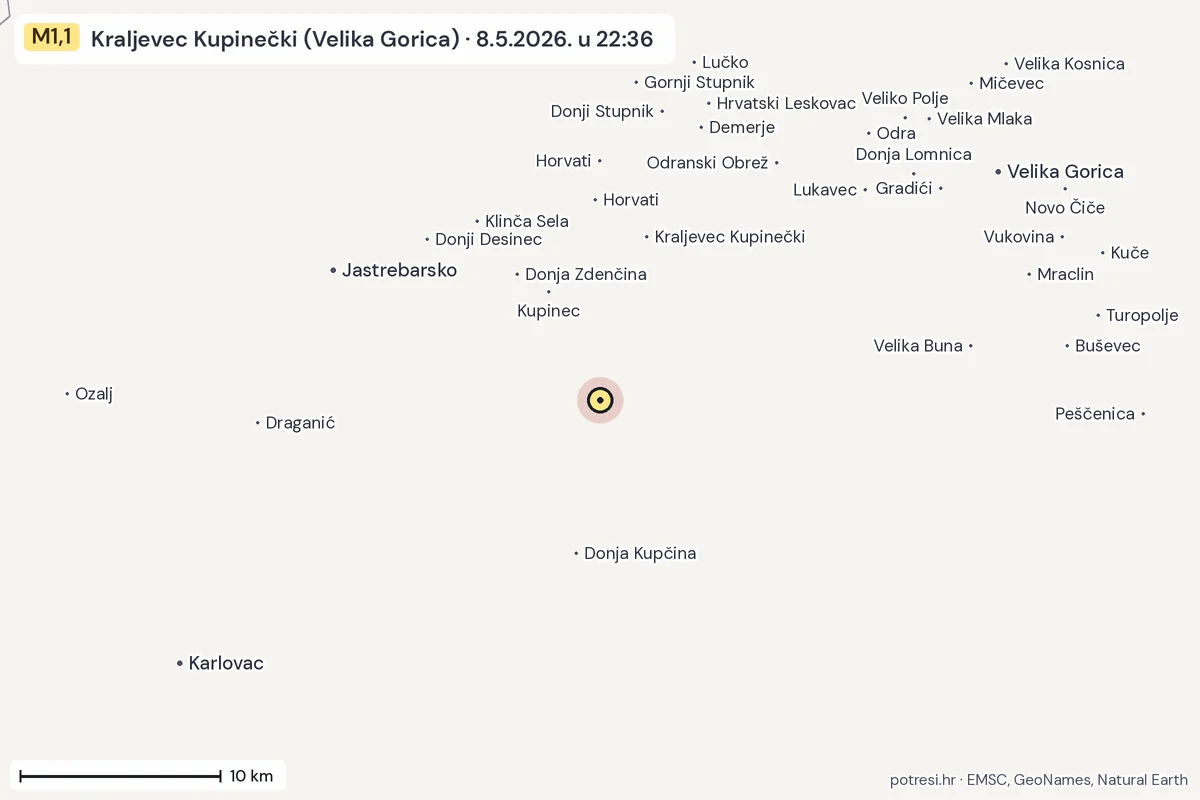 Karta: okolica epicentra, 60 km, potres M1,1, Kraljevec Kupinečki (Velika Gorica), 8.5.2026.
