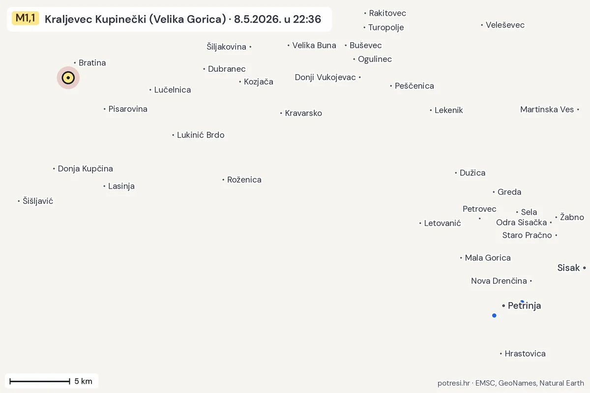 Karta: izvješća građana, potres M1,1, Kraljevec Kupinečki (Velika Gorica), 8.5.2026.