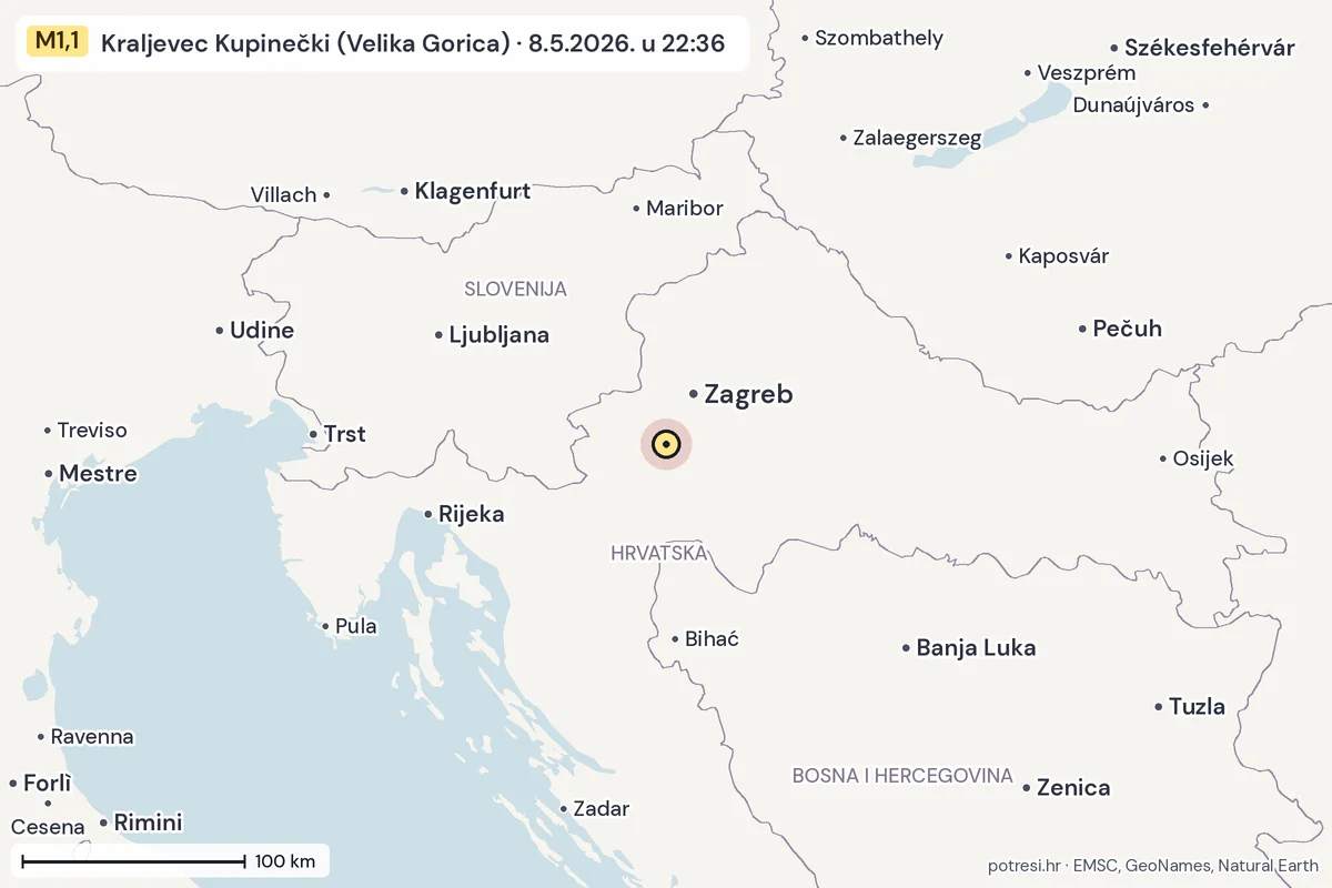 Karta: šire područje, 600 km, potres M1,1, Kraljevec Kupinečki (Velika Gorica), 8.5.2026.