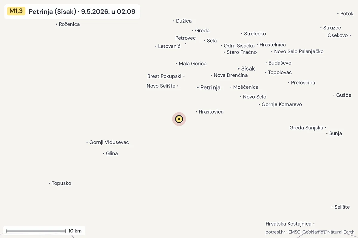 Karta: okolica epicentra, 60 km, potres M1,3, Petrinja (Sisak), 9.5.2026.