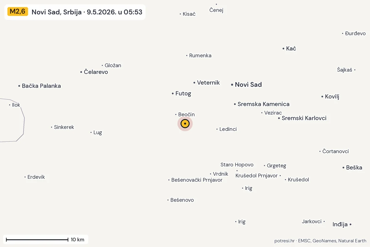 Karta: okolica epicentra, 60 km, potres M2,6, Novi Sad, Srbija, 9.5.2026.