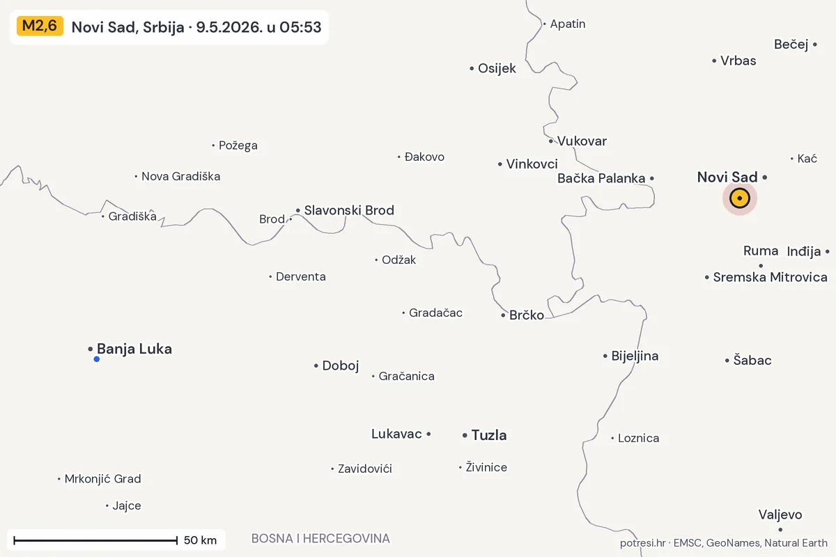 Karta: izvješća građana, potres M2,6, Novi Sad, Srbija, 9.5.2026.