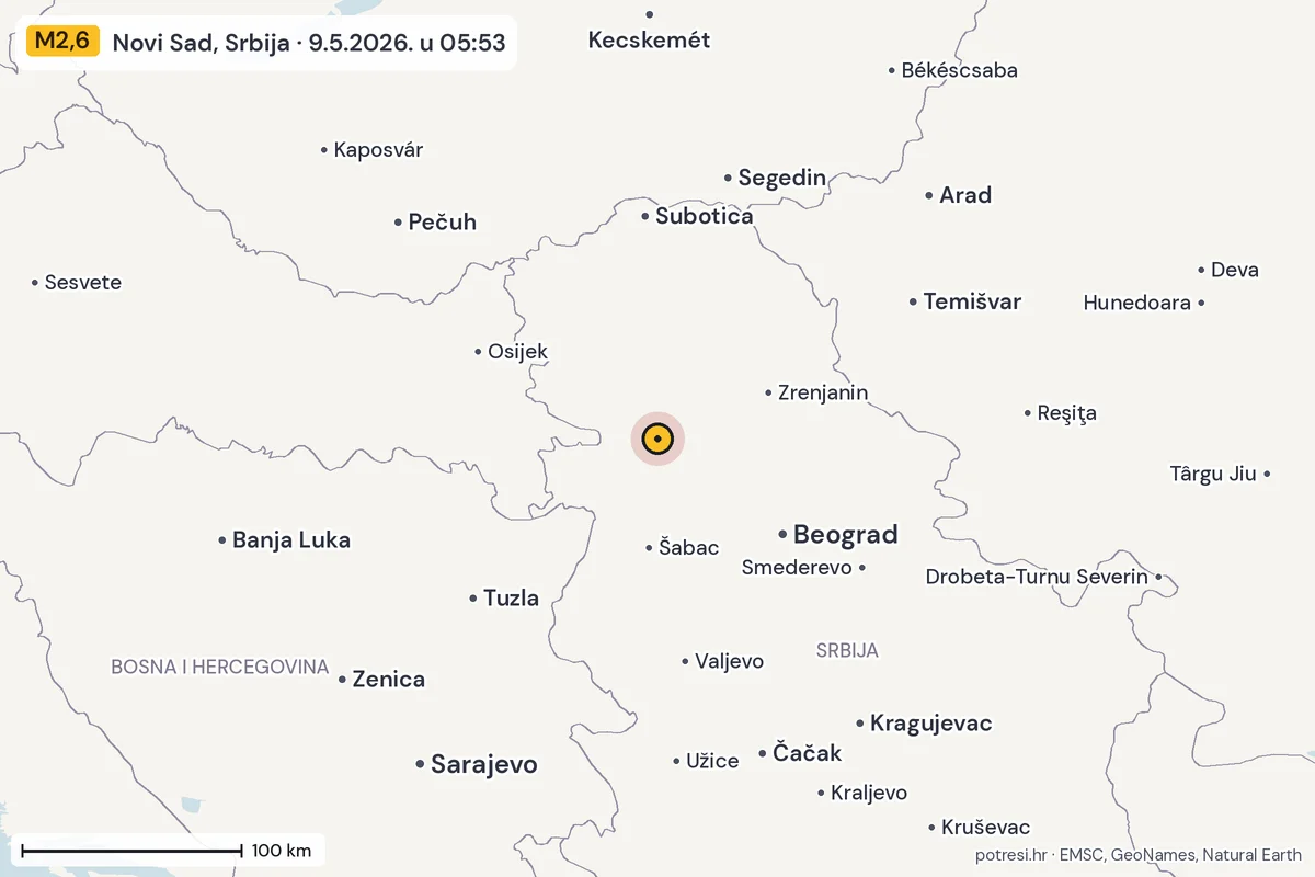 Karta: šire područje, 600 km, potres M2,6, Novi Sad, Srbija, 9.5.2026.