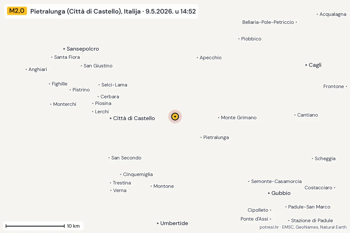 Karta: okolica epicentra, 60 km, potres M2,0, Pietralunga (Città di Castello), Italija, 9.5.2026.