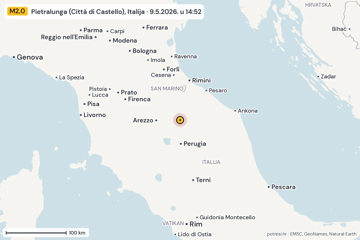 Karta: šire područje, 600 km, potres M2,0, Pietralunga (Città di Castello), Italija, 9.5.2026.