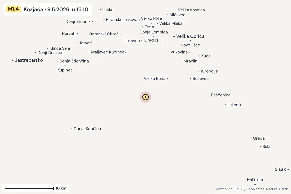 Karta: okolica epicentra, 60 km, potres M1,4, Kozjača, 9.5.2026.