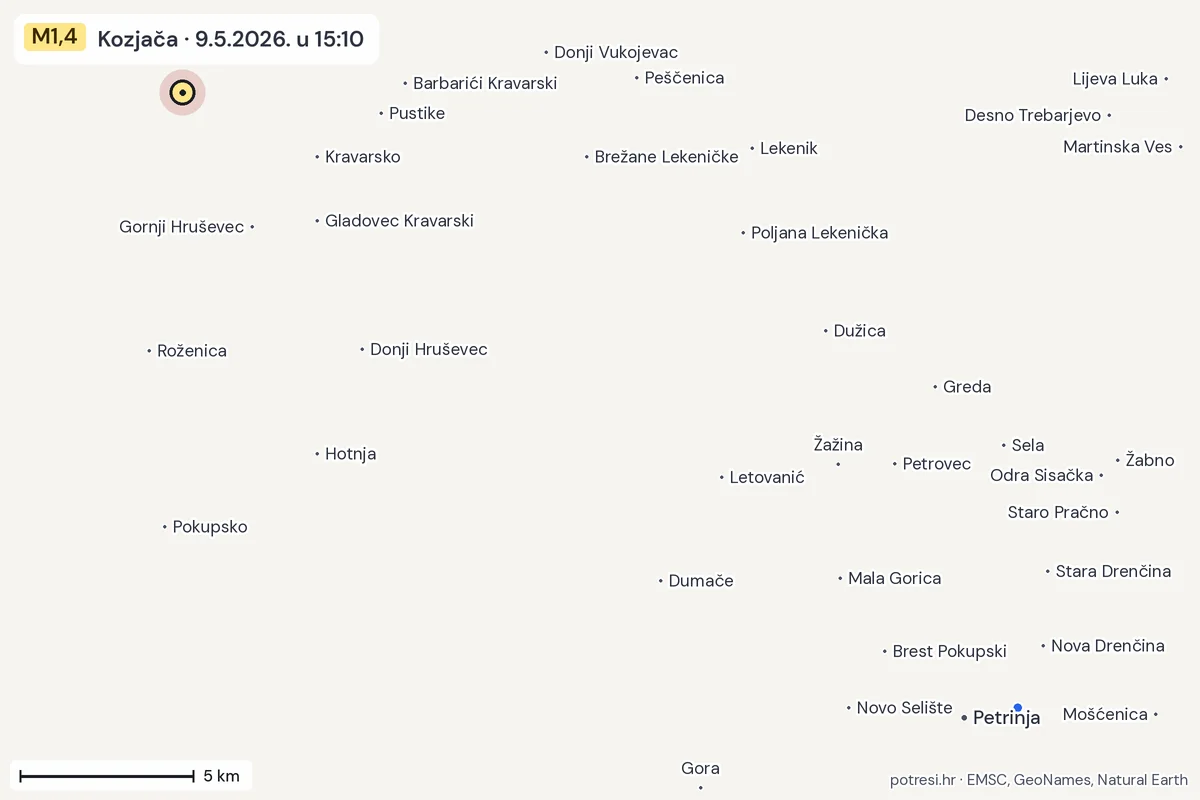 Karta: izvješća građana, potres M1,4, Kozjača, 9.5.2026.