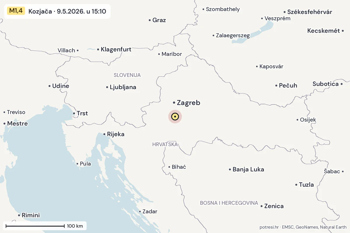 Karta: šire područje, 600 km, potres M1,4, Kozjača, 9.5.2026.