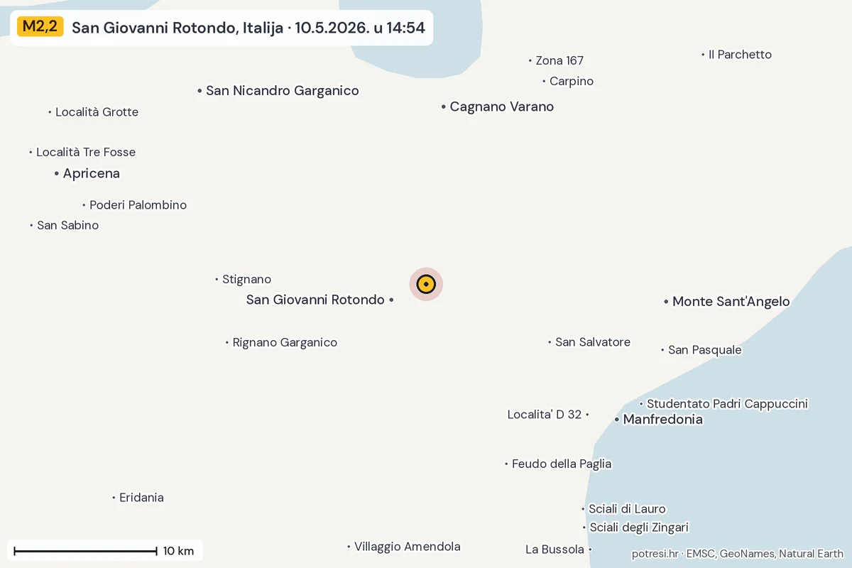 Karta: okolica epicentra, 60 km, potres M2,2, San Giovanni Rotondo, Italija, 10.5.2026.