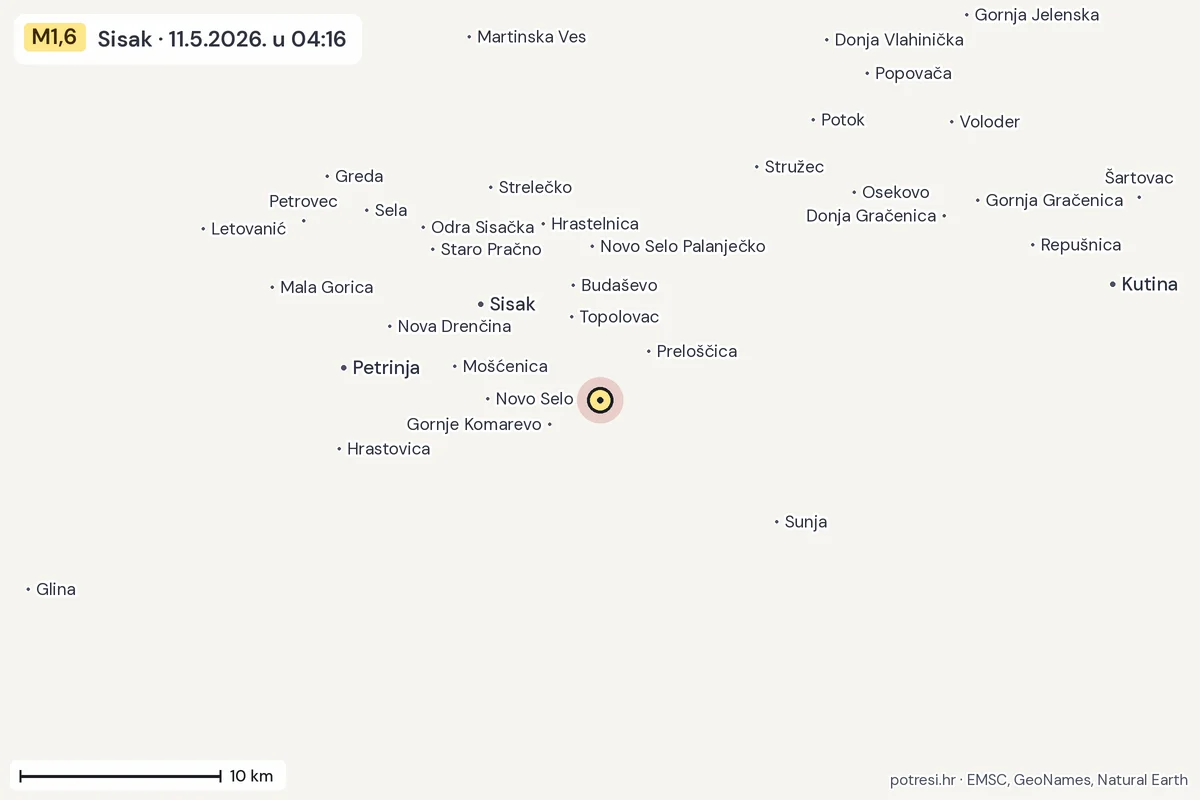 Karta: okolica epicentra, 60 km, potres M1,6, Sisak, 11.5.2026.