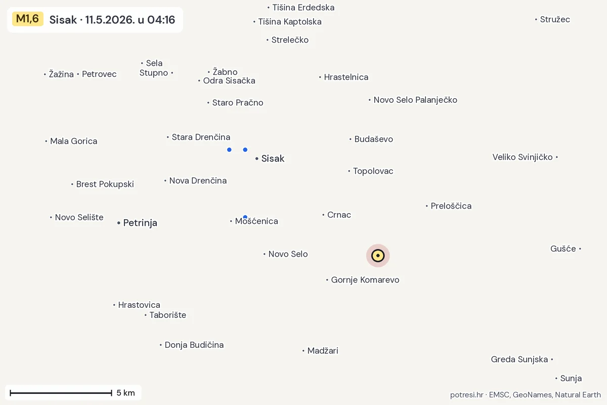 Karta: izvješća građana, potres M1,6, Sisak, 11.5.2026.