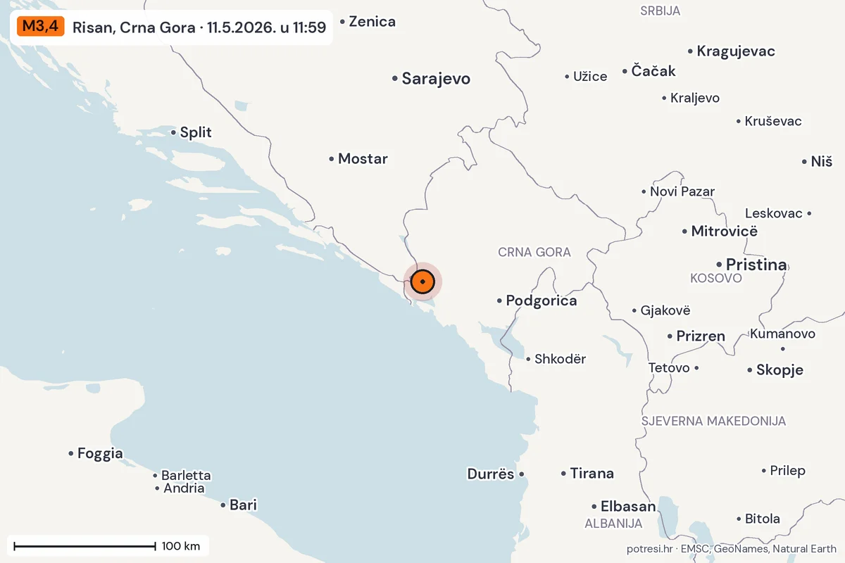 Karta: šire područje, 600 km, potres M3,4, Risan, Crna Gora, 11.5.2026.