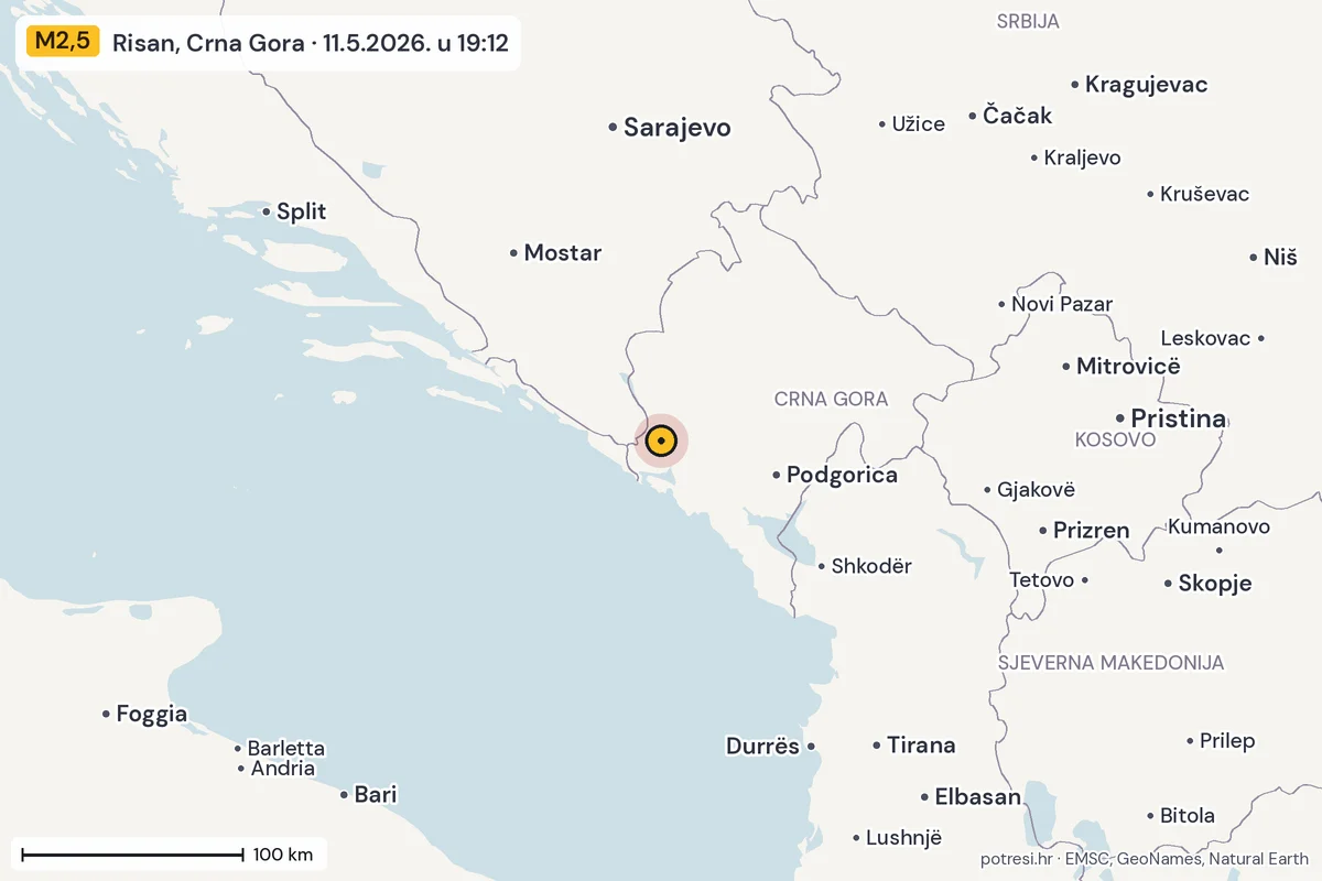 Karta: šire područje, 600 km, potres M2,5, Risan, Crna Gora, 11.5.2026.