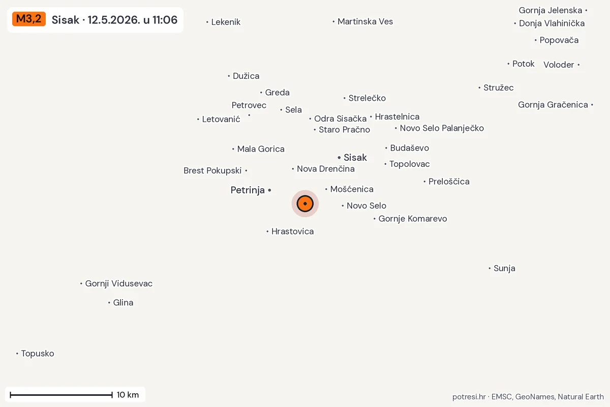 Karta: okolica epicentra, 60 km, potres M3,2, Sisak, 12.5.2026.