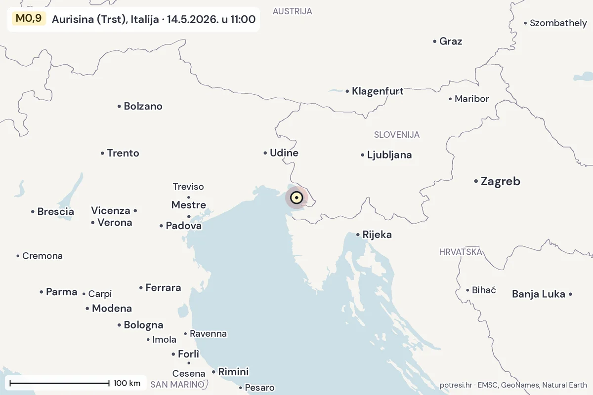 Karta: šire područje, 600 km, potres M0,9, Aurisina (Trst), Italija, 14.5.2026.