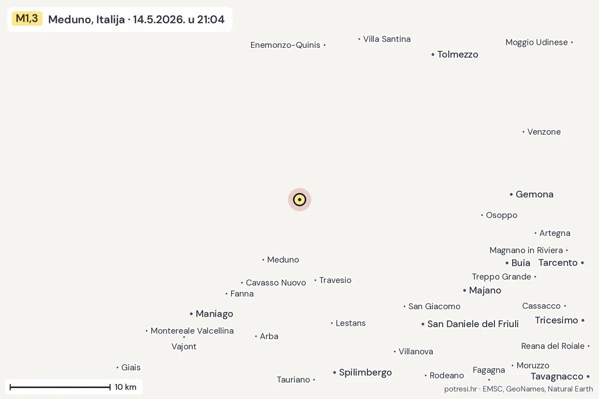 Karta: okolica epicentra, 60 km, potres M1,3, Meduno, Italija, 14.5.2026.