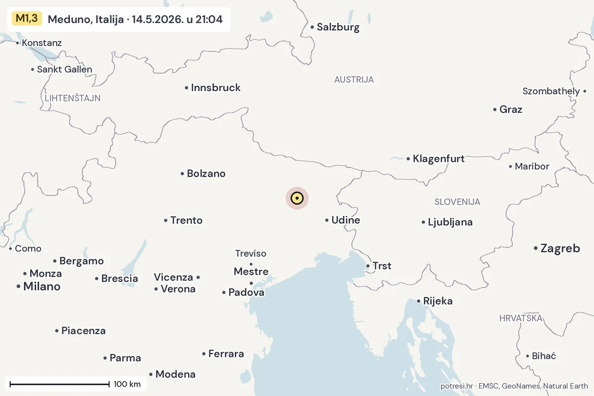 Karta: šire područje, 600 km, potres M1,3, Meduno, Italija, 14.5.2026.