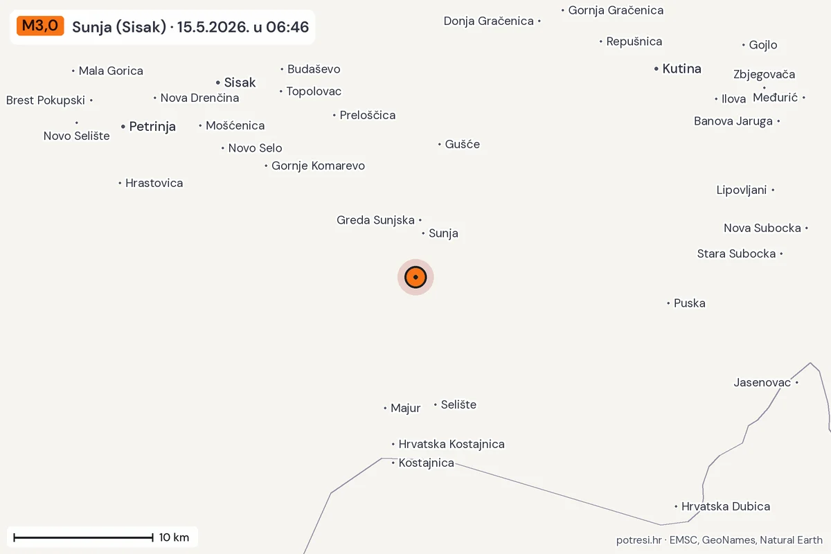 Karta: okolica epicentra, 60 km, potres M3,0, Sunja (Sisak), 15.5.2026.
