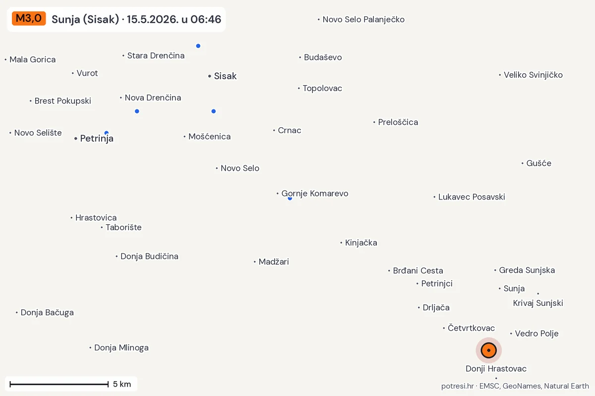 Karta: izvješća građana, potres M3,0, Sunja (Sisak), 15.5.2026.