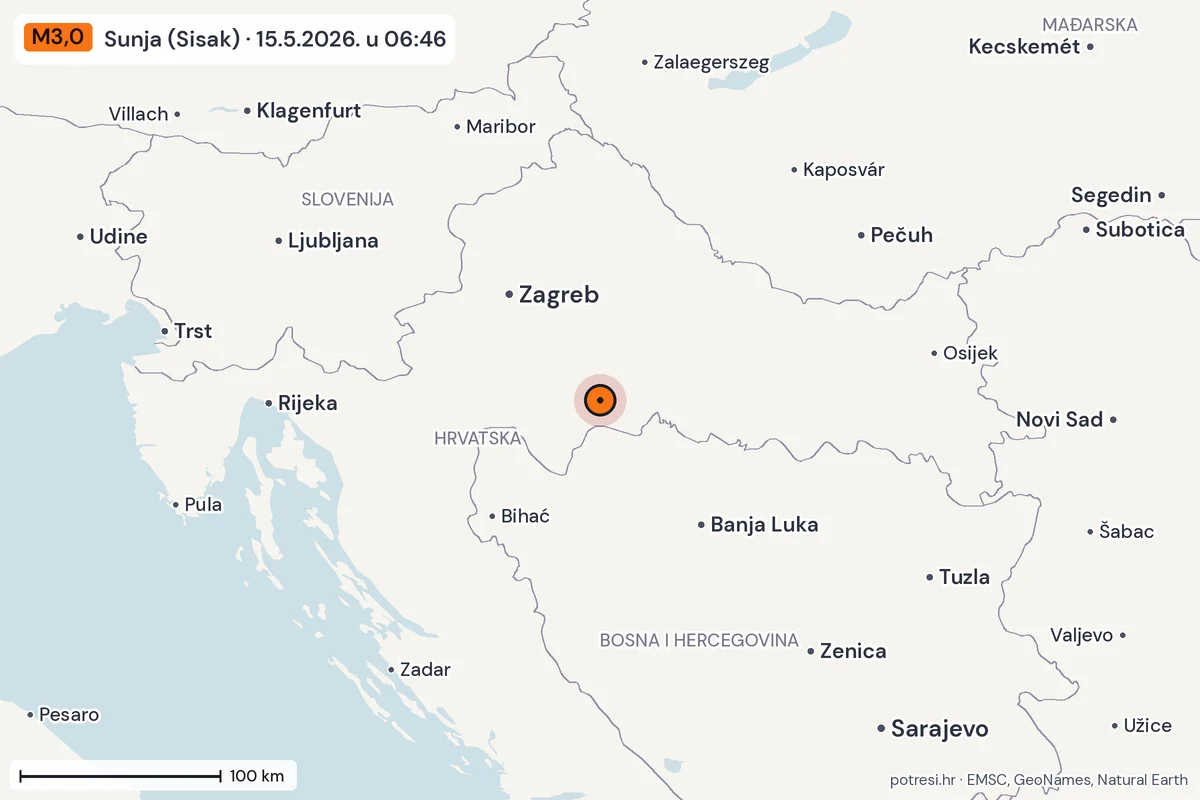Karta: šire područje, 600 km, potres M3,0, Sunja (Sisak), 15.5.2026.