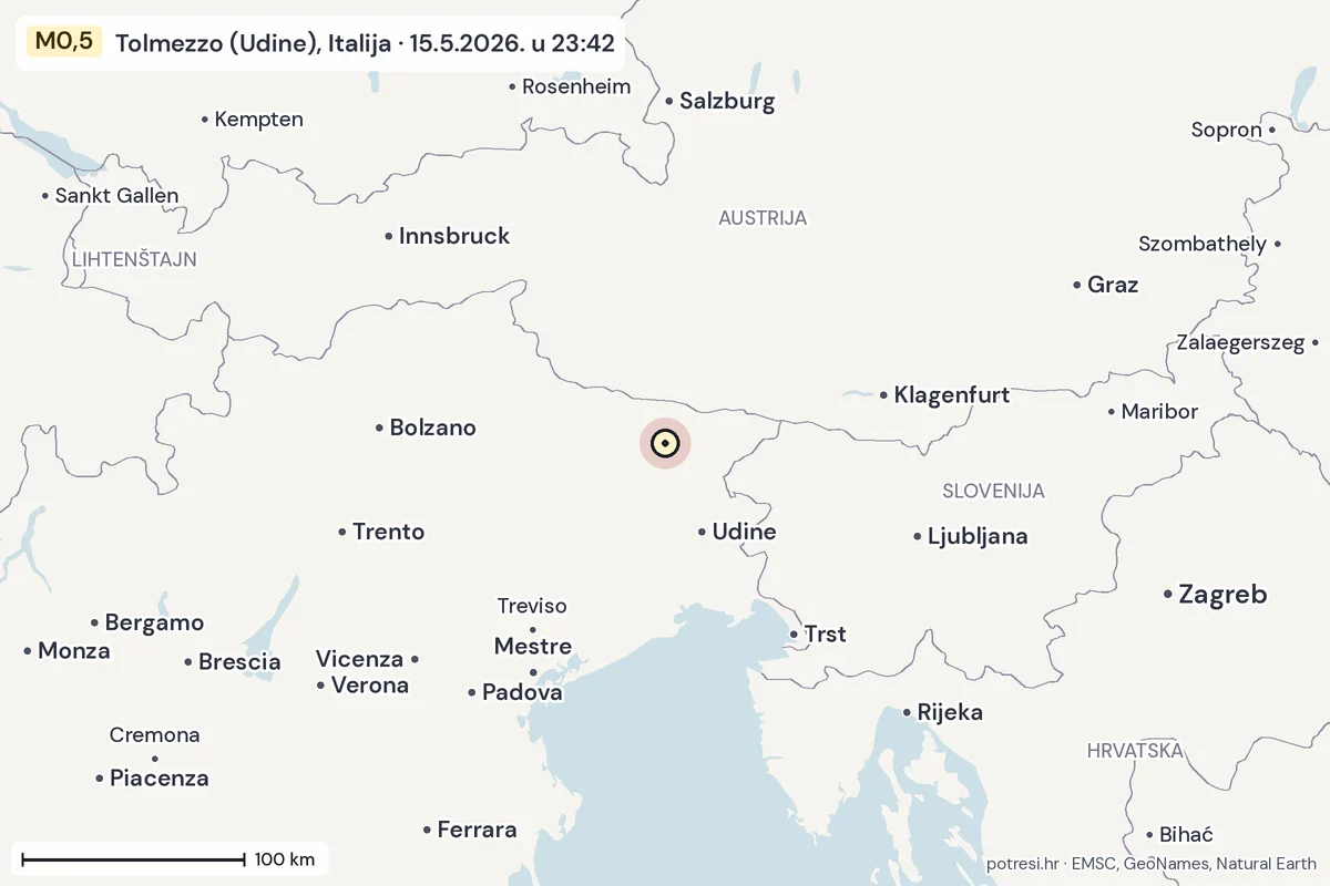 Karta: šire područje, 600 km, potres M0,5, Tolmezzo (Udine), Italija, 15.5.2026.