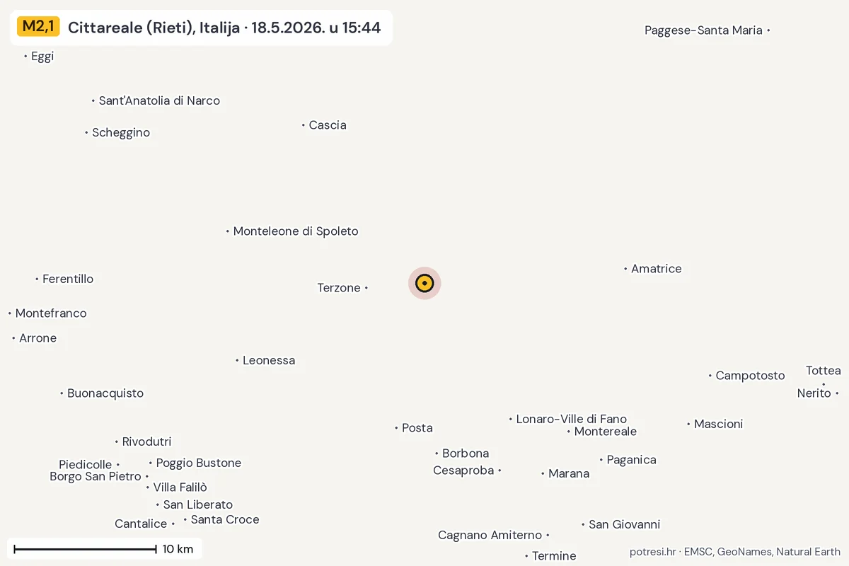 Karta: okolica epicentra, 60 km, potres M2,1, Cittareale (Rieti), Italija, 18.5.2026.