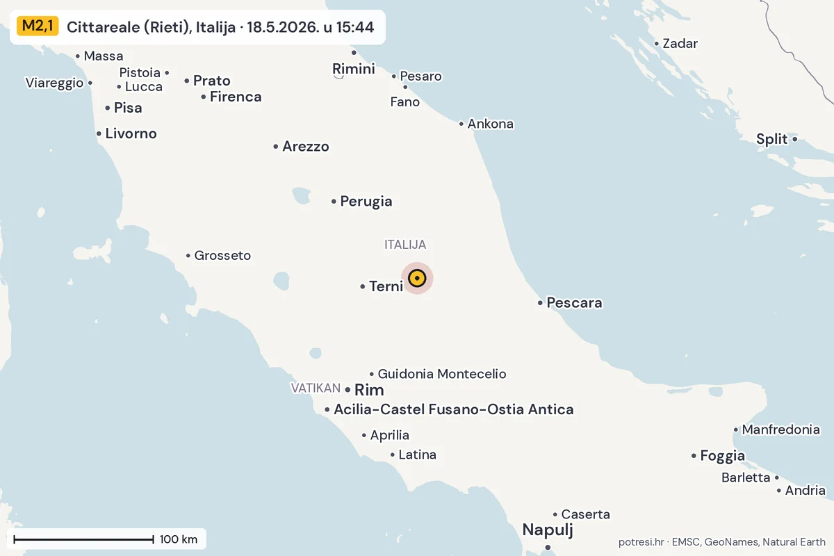 Karta: šire područje, 600 km, potres M2,1, Cittareale (Rieti), Italija, 18.5.2026.