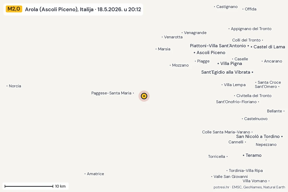 Karta: okolica epicentra, 60 km, potres M2,0, Arola (Ascoli Piceno), Italija, 18.5.2026.