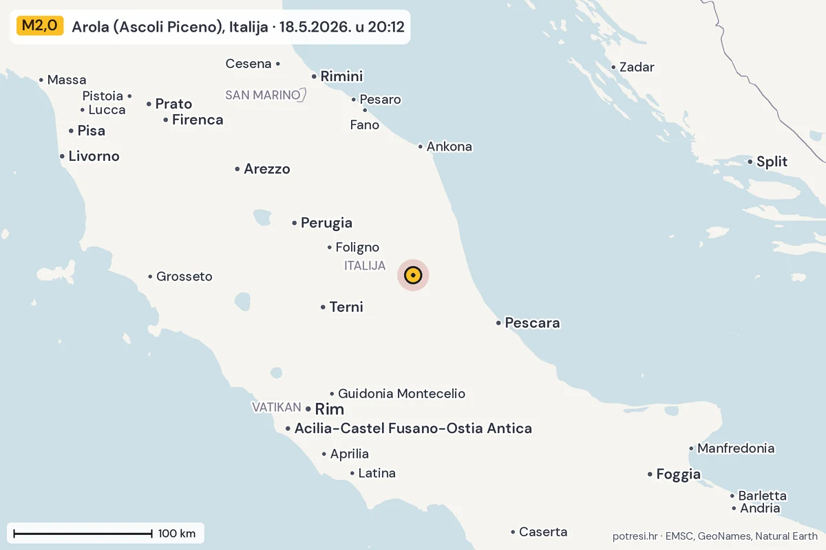 Karta: šire područje, 600 km, potres M2,0, Arola (Ascoli Piceno), Italija, 18.5.2026.