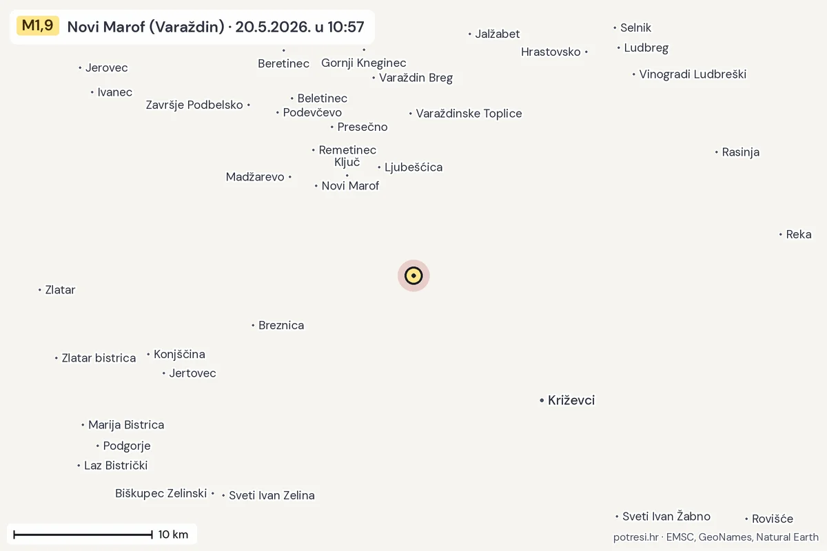 Karta: okolica epicentra, 60 km, potres M1,9, Novi Marof (Varaždin), 20.5.2026.