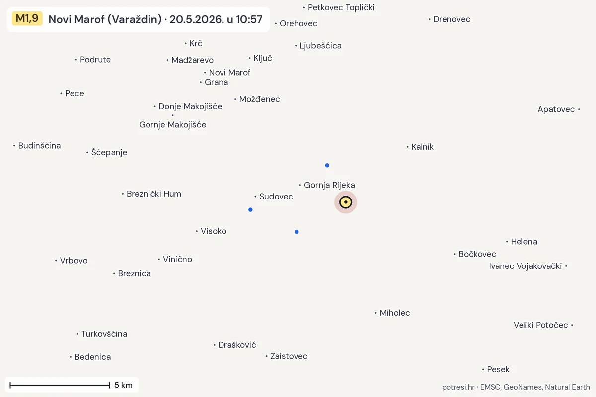 Karta: izvješća građana, potres M1,9, Novi Marof (Varaždin), 20.5.2026.