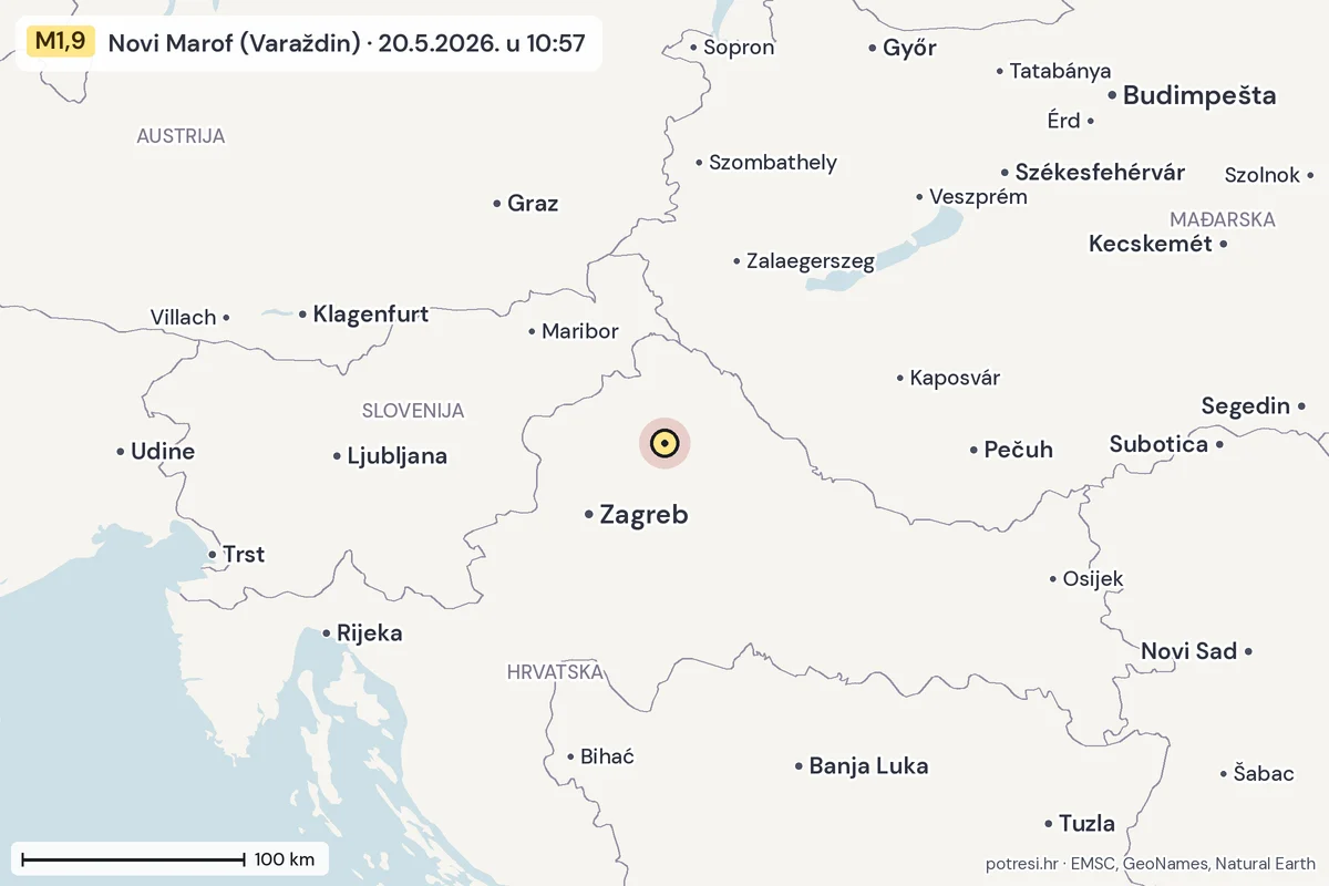 Karta: šire područje, 600 km, potres M1,9, Novi Marof (Varaždin), 20.5.2026.
