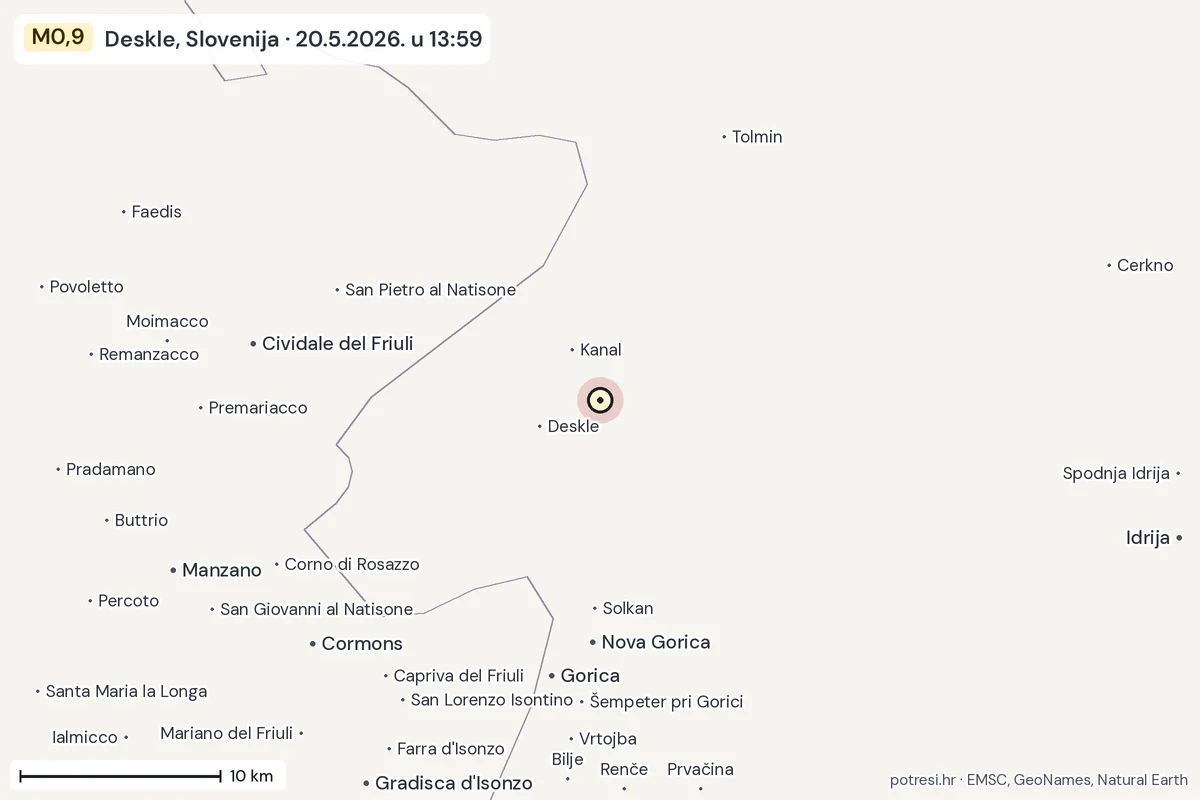 Karta: okolica epicentra, 60 km, potres M0,9, Deskle, Slovenija, 20.5.2026.