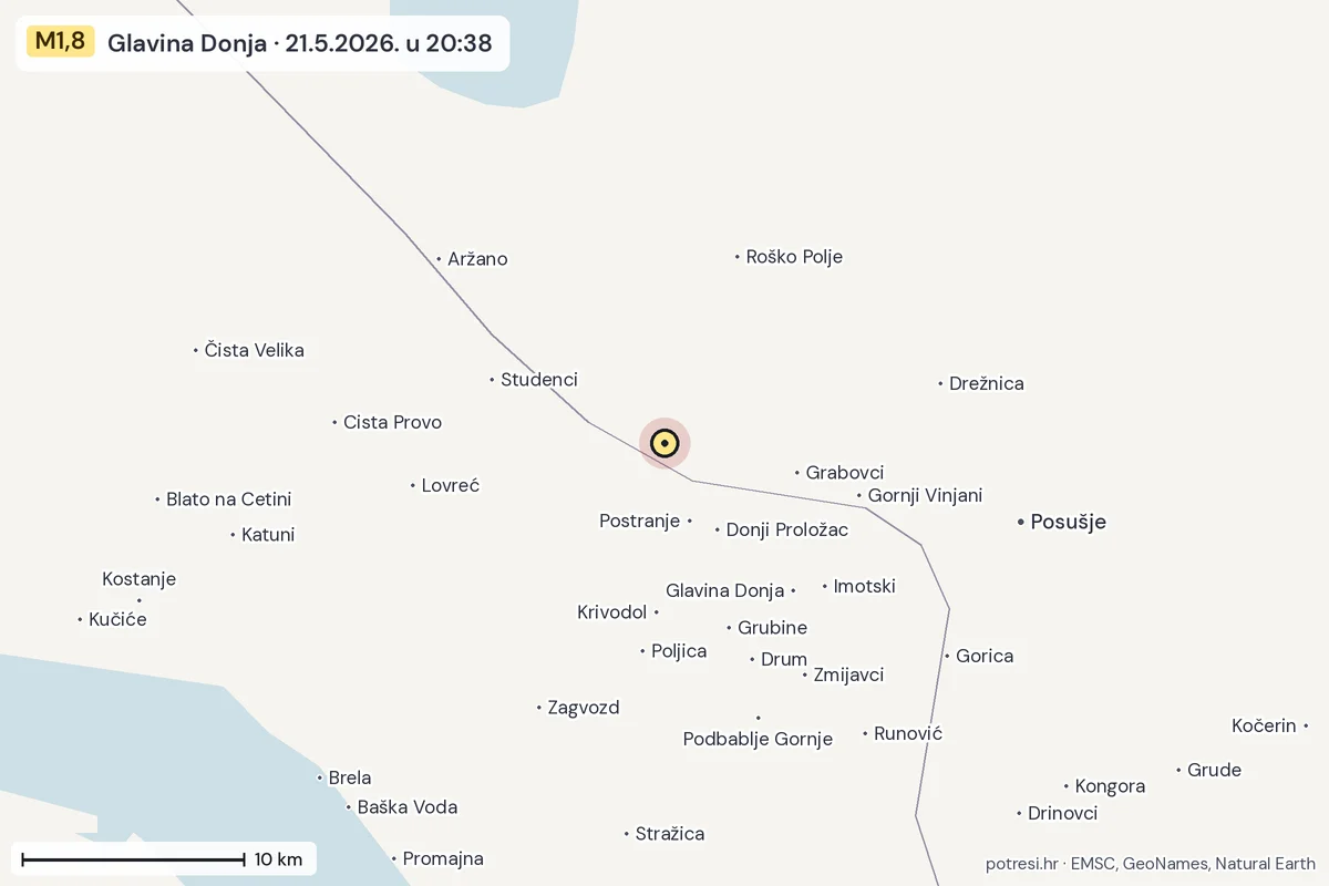 Karta: okolica epicentra, 60 km, potres M1,8, Glavina Donja, 21.5.2026.