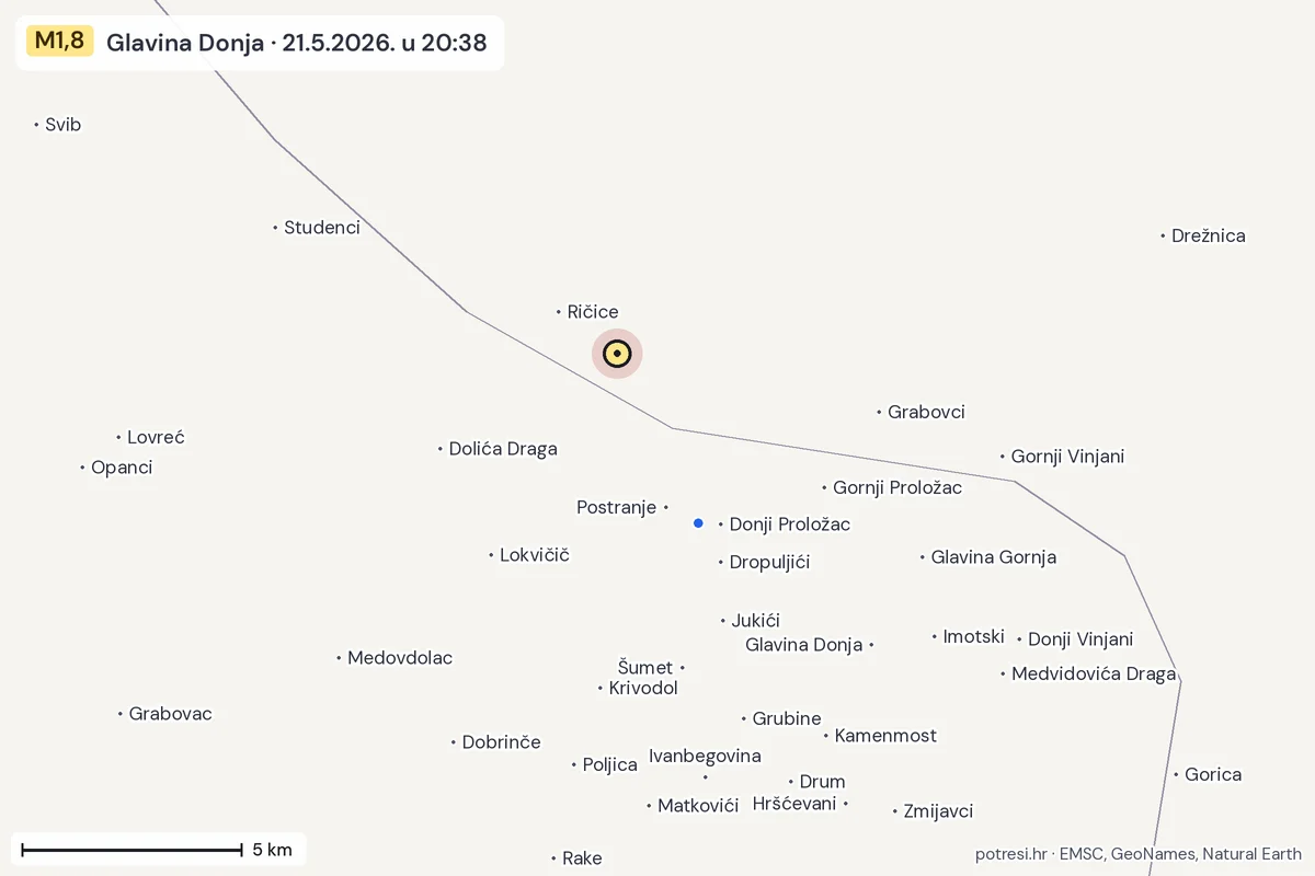 Karta: izvješća građana, potres M1,8, Glavina Donja, 21.5.2026.