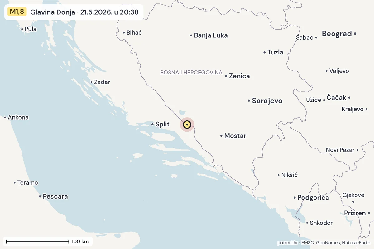 Karta: šire područje, 600 km, potres M1,8, Glavina Donja, 21.5.2026.
