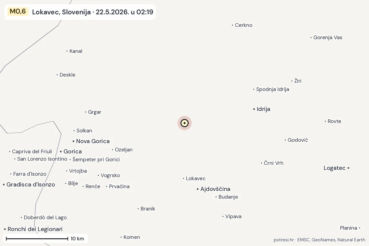 Karta: okolica epicentra, 60 km, potres M0,6, Lokavec, Slovenija, 22.5.2026.