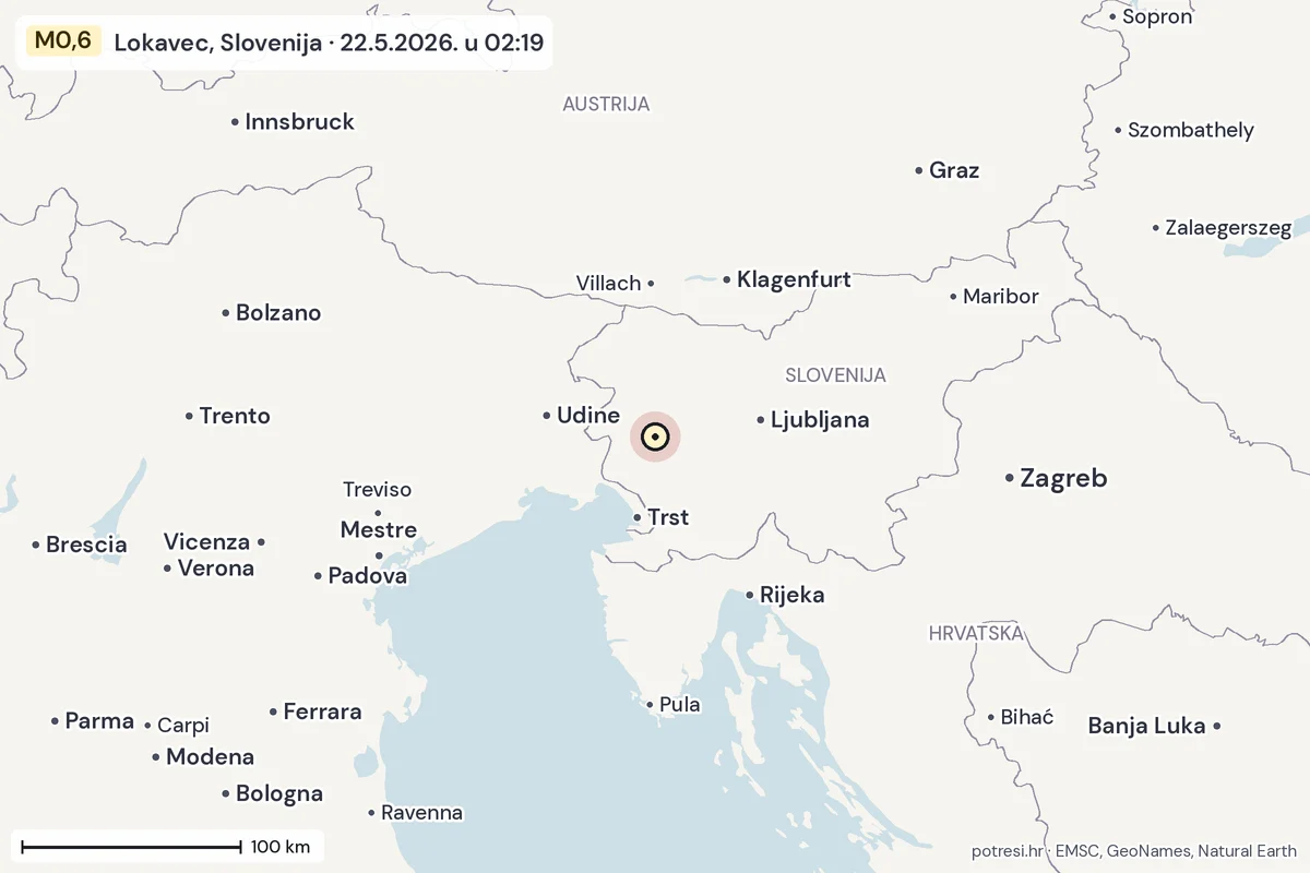 Karta: šire područje, 600 km, potres M0,6, Lokavec, Slovenija, 22.5.2026.