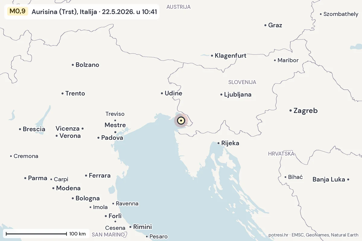Karta: šire područje, 600 km, potres M0,9, Aurisina (Trst), Italija, 22.5.2026.