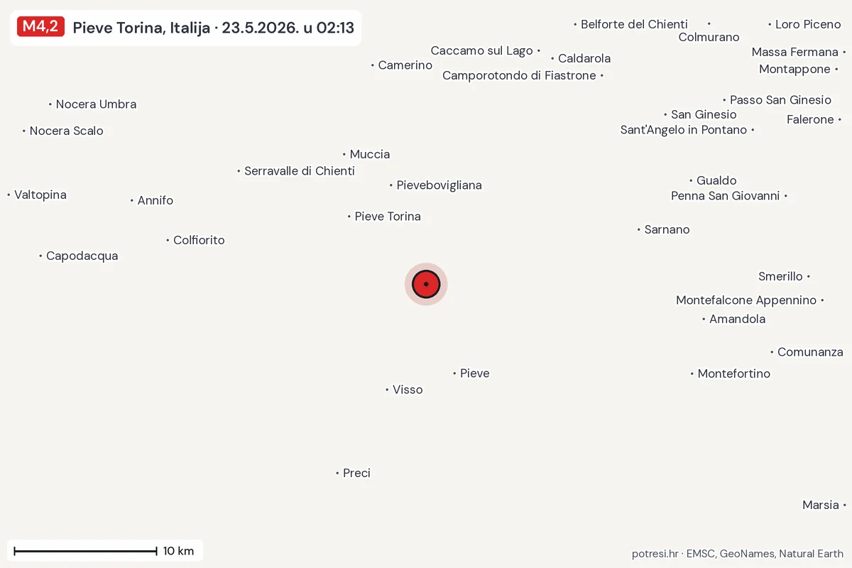 Karta: okolica epicentra, 60 km, potres M4,2, Pieve Torina, Italija, 23.5.2026.