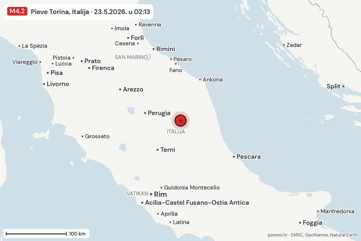 Karta: šire područje, 600 km, potres M4,2, Pieve Torina, Italija, 23.5.2026.