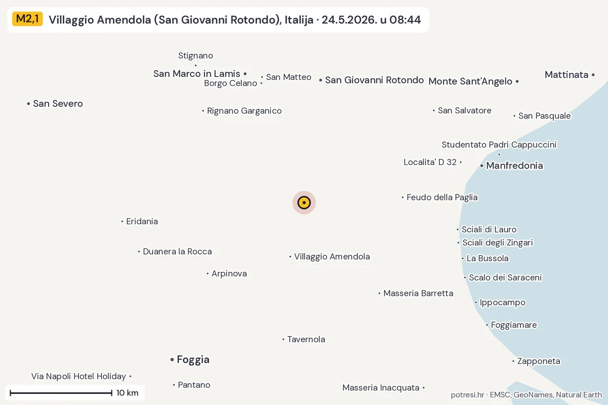 Karta: okolica epicentra, 60 km, potres M2,1, Villaggio Amendola (San Giovanni Rotondo), Italija, 24.5.2026.