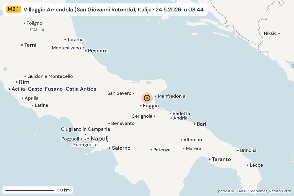 Karta: šire područje, 600 km, potres M2,1, Villaggio Amendola (San Giovanni Rotondo), Italija, 24.5.2026.
