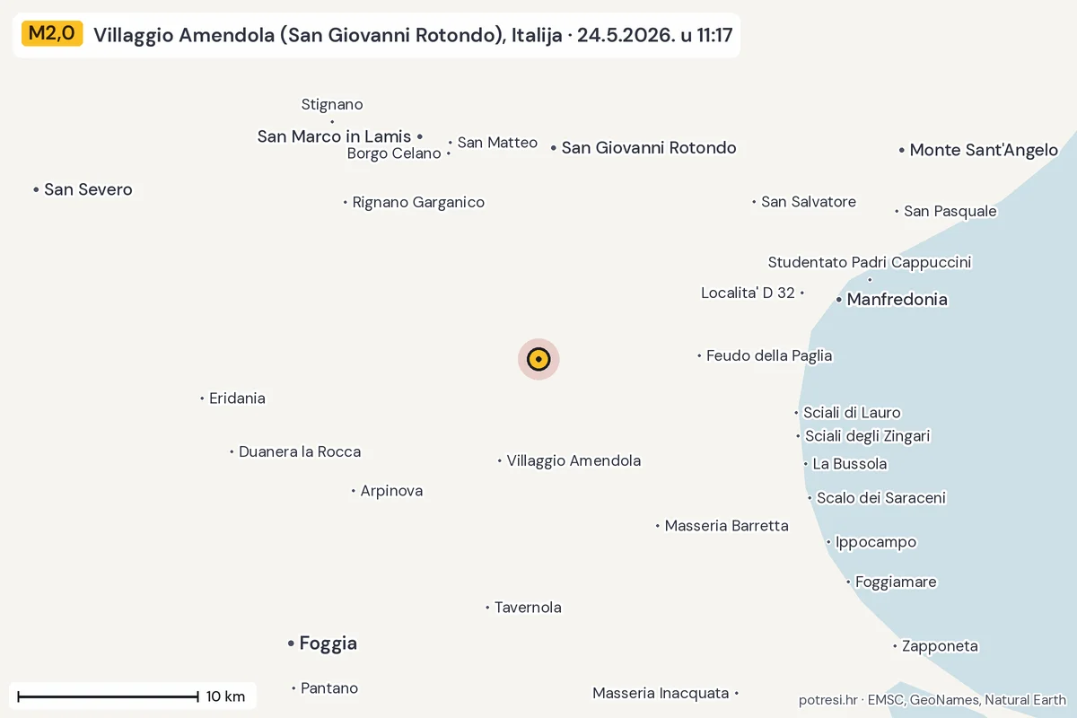 Karta: okolica epicentra, 60 km, potres M2,0, Villaggio Amendola (San Giovanni Rotondo), Italija, 24.5.2026.