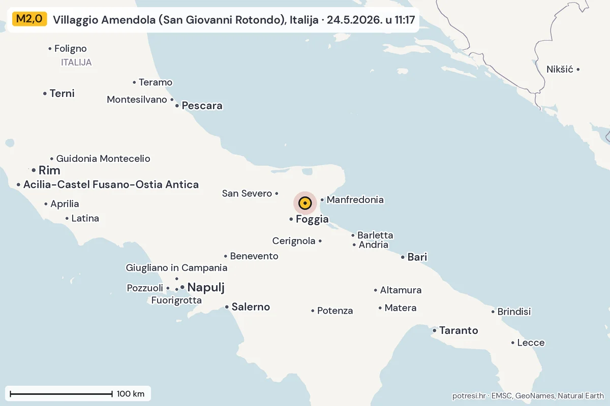 Karta: šire područje, 600 km, potres M2,0, Villaggio Amendola (San Giovanni Rotondo), Italija, 24.5.2026.